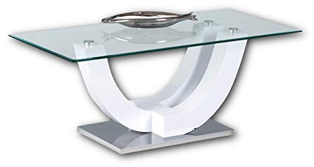 Stella Trading SWING Couchtisch Glas in Hochglanz weiß - stylisher Glastisch mit geschwungenem Gestell in U-Form für Ihren Wohnbereich - 120 x 48 x 60 cm (B/H/T)