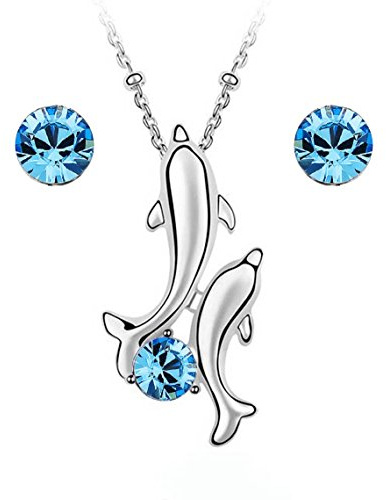 Crystalline Azuria Kristalle Delfine Schmuck-Set Blau Simulierter Aquamarin Halskette Anhänger 45 cm Ohrringe 18 kt Weiß Vergoldet