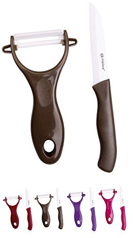 alpina Juego de 2 cuchillos de cerámica, cuchillo universal con hoja de cerámica de 7,5 cm de largo y pelador con hoja de cerámica (marrón).