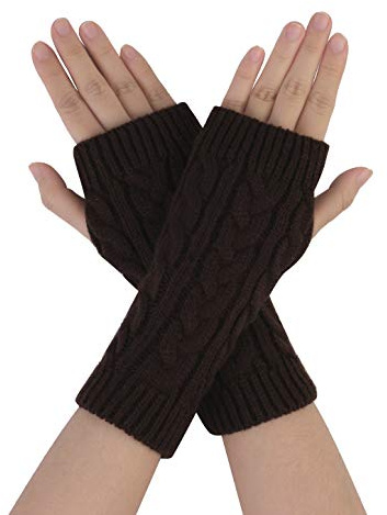 Allegra K Women's Ribbed Wrist Arm Warmers Stretchy Cable Knitted Fingerless Gloves One Size Dark Brown