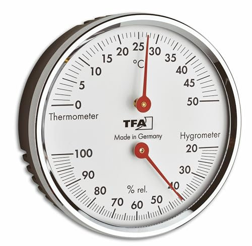 TFA Dostmann 45.2041.42 Analogue Thermo-Hygrometer with Metal Ring for Temperature and Humidity Control, Silver, L120 x W29 x H235 mm