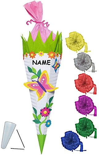 alles-meine.de GmbH BASTELSET Schultüte - Schmetterling & Blumen - 85 cm - incl. Schleife + Name - mit/ohne Kunststoff Spitze - Zuckertüte - Set zum selber Basteln - 6 ecki..
