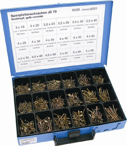 Dresselhaus - JD-79 Montagekasten, Schrauben-Set mit 18 Abmessungen, 940 Stück, Senkkopf, Kreuzschlitz Z, Verzinkt gelb, 8501