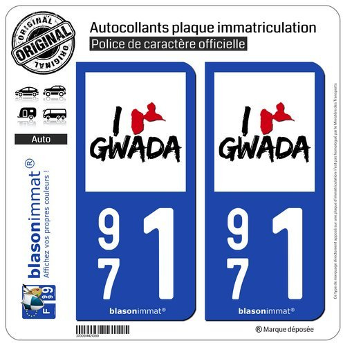 2 Autocollants plaque immatriculation Auto 971 Guadeloupe - I'm Gwada