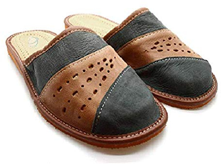 Men`s Handmade Leather Slippers 100% Natural Leather (Size UK 11 / EU 45) Graphite and Brown