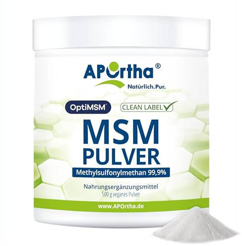 APOrtha® OptiMSM® MSM Pulver, 500g veganes Pulver, 99,9% reines Methylsulfonylmethan ohne jegliche Zusätze, 1.000 mg OptiMSM® MSM pro Portion, vegan, glutenfrei, lactosefrei, allergenfrei