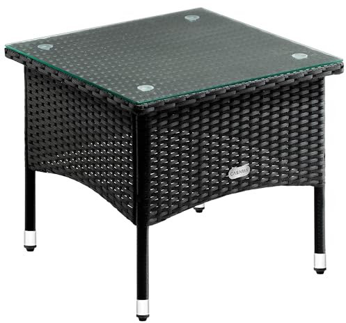 Casaria® Polyrattan Beistelltisch 50x 50x 45 cm Höhenverstellbare Füße 5mm Sicherheitsglas Wetterfest Gartentisch Balkontisch Teetisch Outdoor Schwarz
