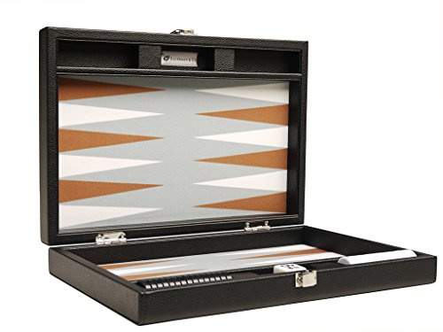 Silverman & Co. 33 cm Backgammon-Set für Erwachsene – Schwarzes Etui, weiße und braune Spitzen – Kunstleder – Komplettes Spielset inkl. Zubehör – leicht und tragbar