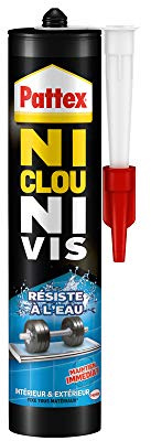 Pattex Ni Clou Ni Vis | Résiste à l'Eau (cartouche de 450 g) – Colle de fixation multi-matériaux résistante à l'eau – Colle rapide à maintien immédiat pour intérieur et extérieur