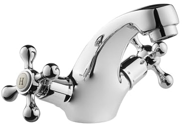 Deva TUD113 Tudor Basin Mixer Tap in Chrome - with Pop Up Waste - Dual Cross Handle - Hot & Cold Taps - Victorian Era Deck Mounted Bathroom Basin Single Hole Silver Faucet - 12 Year Warranty
