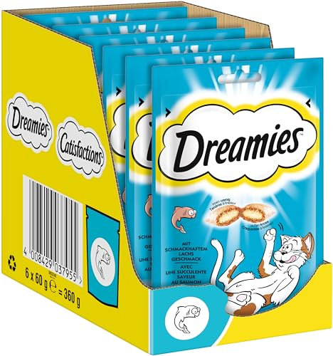 Dreamies Klassiker Katzensnacks mit Lachs – Traumhaft knusprige Taschen mit zarter Füllung – 6 x 60g