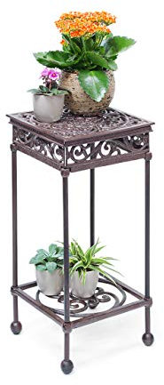 Relaxdays Blumenhocker quadratisch Größe M aus Gusseisen HBT ca. 50,5 x 24 x 24 cm Blumenständer mit 2 Ablagen Beistelltisch für Blumen und Dekoration in Haus und Garten Hocker für Pflanzen, bronze