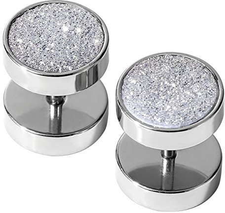 PiercingJ 2er 16G Ohrstecker Fake Plug Glitzer Silber Edelstahl Ohrpiercing Tunnel Barbell Stud Ohrring Fake Cheater Illusion Plug 00G (10MM) Gauge Look