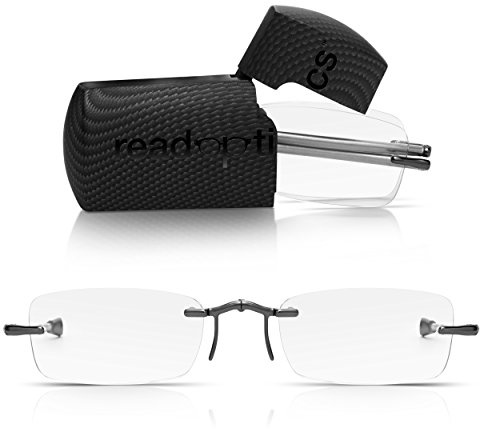 Loupe de Lecture +1.50 ReadOptics: Sans Monture, Pliable Haute Performance. Lunettes Lecture Transparentes avec Branches Métallisées Extensibles (Gris Métal) Hommes Femmes, Gratuit Mini Boîte Rigide