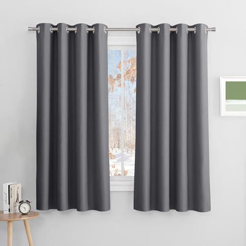 PONY DANCE Verdunkelungsvorhang Kurz Ösenschal 2er Set Blickdichte Vorhänge für Schlafzimmer Gardinen Grau Short Blackout Curtains for Bedroom, H 158 x B 132 cm