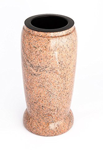 Afterglow stilfull gravvas av äkta granit, flerfärgad, röd, höjd 20 cm, diameter Ø 10 cm, gravprydnad, väderbeständig, frostsäker, granitvas med plastinsats, kyrkogård, vas.