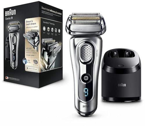 Braun Series 9 Electric Shaver with Precision Trimmer and Clean & Charge Station, Wet & Dry, 100% Waterproof, UK 2 Pin Plug, 9290c, Silver Razor