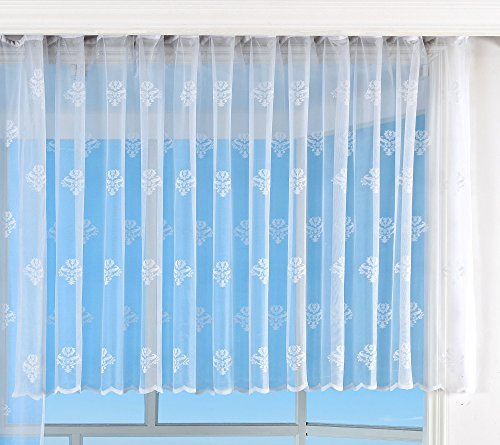 Jacquard Bogenstore Gardine, 145x300, Barock Blumenmuster Weiß Kräuselband Universalband Faltenband Store, 13142