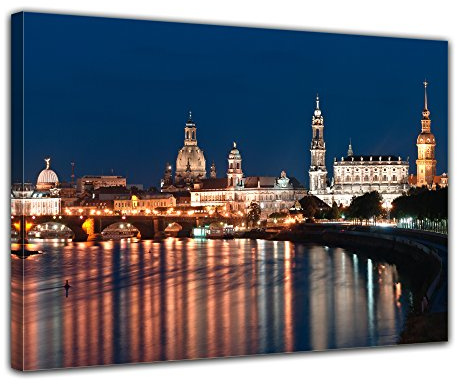 Bilderdepot24 Bild auf Leinwand | Dresden Skyline bei Nacht - Deutschland in 70x50 cm als Wandbild | Wand-deko Dekoration Wohnung modern Bilder | 170179