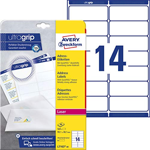 AVERY Zweckform L7163-40 adressetiketter/adressklistermärken (560 etiketter med ultragrepp, 99,1 x 38,1 mm på A4, utskrivbara, självhäftande, för DIN långa brevkuvert, pappersmatta) 40 ark, vit