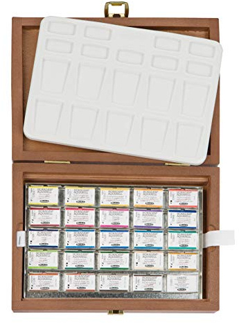 Schmincke - HORADAM® AQUARELL Caja de Pintura Premium con 24 Acuarelas Finas, Paleta de Porcelana, 74524097, Caja de Madera, 24 x 1/1 Godets, Onetz