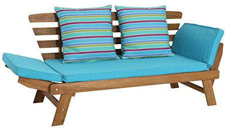 greemotion Multifunktionsbank Borkum akazie/blau, inklusive Kissen, als Sofa und Liege nutzbar, Gartenbank aus FSC® Akazienholz, Holzbank mit leicht schräger Rückenlehne