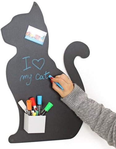 KalaMitica - Magnettafel, Kreidetafel, magnetische Wandtafel aus Stahl - Beschreibbare Pinnwand für Magnete, Notizen und Dekoration - Katze, 56x38 cm, Schwarz Anthrazit