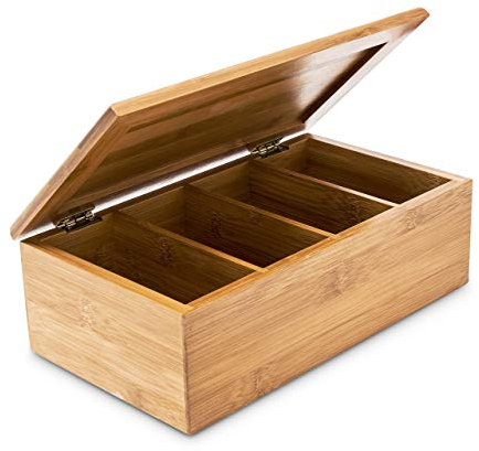 Relaxdays Scatola Porta tè e Tisane, 80 Bustine, Organizer per Vari Aromi, H x L x P: 9 x 28,5 x 16 cm, Legno Naturale