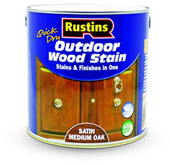 Rustins Quick Dry Outdoor Wood Stain Satin Medium Oak 2.5ltr- Durable and Weather-Resistant Finish, Fast Drying, Vibrant Color for Decks, Fences, & Furniture, Available in Many Wood Shades