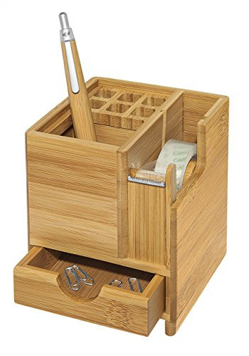 WEDO 611707 Tischorganizer Bambus inkl. Klebefilm-Abroller, für 6 Stifte mit Sammelfach und Schublade Braun