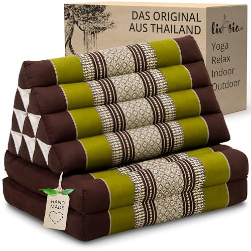 livasia Thai cushion with 2 seat rests - 47x20x3.1″ - Triangle cushion with seat cushion, Wedge cushion, kapok, Back support cushion, folding, Thai mat, folding, Hand made (Brown/Green)