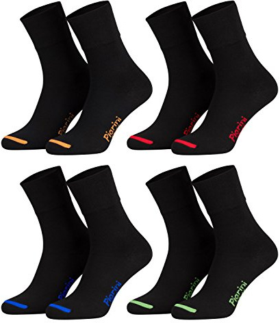 Piarini - 8 pares de calcetines unisex - Sin elástico - Caña cómoda - Negro con puntera de color - 39-42