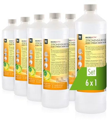 MICROACTIV Zitronensäure flüssig 6x1L - Kraftvoller Entkalker für Kaffeevollautomat, Wasserkocher & Dusche - Biologisch abbaubar - Ideal im Haushalt