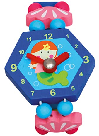 Bino & Mertens 9086041 Holzuhr Fee, Spielzeuguhr für Kinder ab 3 Jahre, Kinderspielzeug (Erste Uhr ab 3 Jahre, multifunktionale Lehruhr für Vorschüler, bringt viel Spaß beim Lernen der Zeit, lustiges Design), Blau
