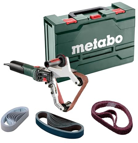 Metabo RBE 15-180 Set (602243500) Tube Belt Sander with Carry Case 240V, Side Handle with metaBOX 185 XL Case - 21 Mixed Sanding Belts