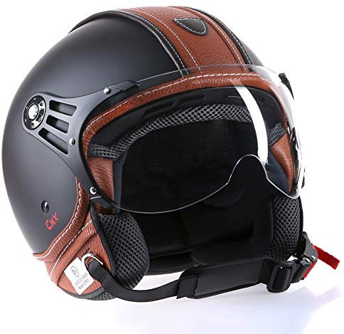 Citromex Casque Moto Casque Jet Roller Casque Hazel, Noir Mat/Cuir Marron, M