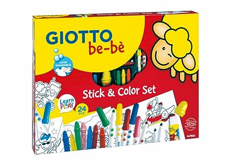 GIOTTO be-bè 1st Stick & Colour Set for Young Children, Colouring Felt Tips/Wax Crayons/Template Cards, Assorted Colours, Super Washable, For School & Home