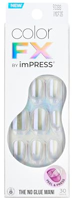 Kiss colorFX by Impress Press On Nails , ‘Sour Love’, Solid White with Pearlescent Finish, Short Oval, IMPROVED adhesive, Includes 30 Fake Nails, Prep Pad, 1 Manicure Stick, 1 Mini Nail File