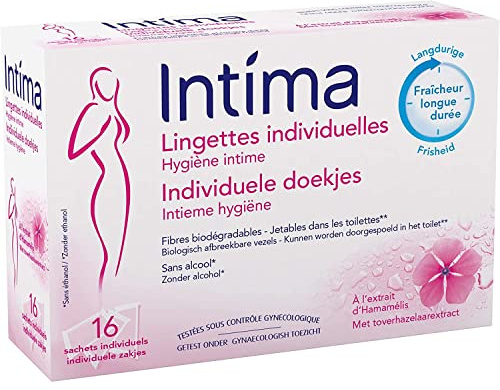 Intima Lingettes Individuelles Hygiène Intime, Fraîcheur Immédiate, Douceur et Protection - La Boîte de 16 Sachets