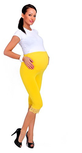 FUTURO FASHION Maternity Cropped 3/4 Length Cotton Leggings Lace Yellow 14 UK (XL)
