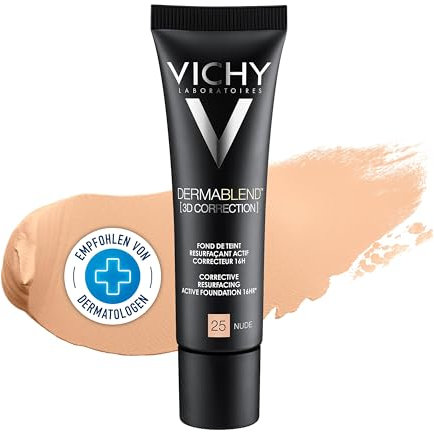 Vichy Dermablend Fondotinta Fluido 3D Correction, Ad Alta Coprenza, Imperfezioni Nascoste e Incarnato Uniforme, Per Pelli Grasse e Impure, Con Acido Salicilico, Tonalità: 25, 30 ml