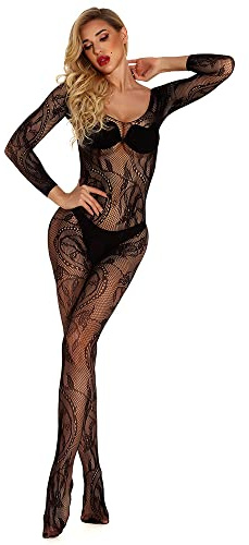Livia Corsetti ABRA Bodystocking sexy Netz Catsuit Overall langarm offen im Schritt, XL/XXL schwarz