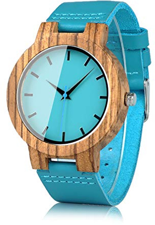BOBO BIRD Men's Bamboo Wooden Watch with Blue Cowhide Leather Strap Casual Watches for Groomsmen Gift with Box