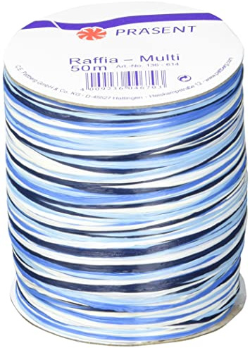 PRÄSENT C.E. Pattberg Raffia-Multicolour Bastband blau-weiß-Creme, 50 m Geschenkband zum Einpacken, 5-strängiges Bastelband für Geschenke, Zubehör zum Dekorieren & Basteln