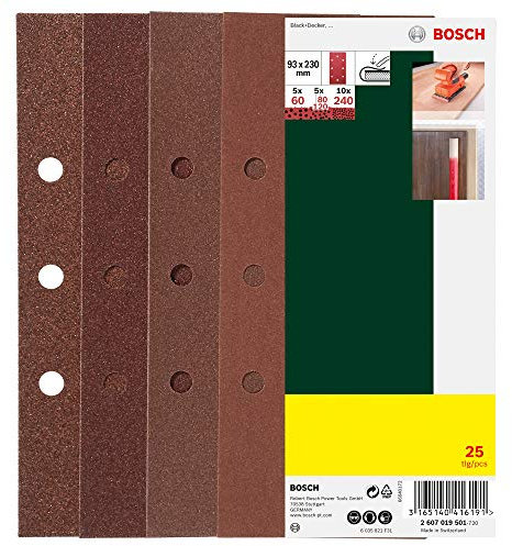 Bosch Accessories 2607019501 Feuilles abrasives pour Ponceuse vibrante (trouées) Grain 60-240 93 x 230 mm Lot de 25 Argent