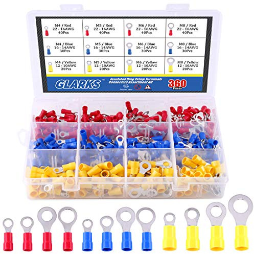 Glarks 360pcs 22-16/16-14/12-10 Gauge Mixed Quick Disconnect Electrical Insulated M4 / 5/6 / 8 Ring Crimp Terminals Connectors Assortment Kit