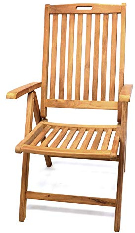 Divero Klappstuhl Bilbao Teakholz massiv Gartenstuhl Armlehne klappbar | Massives Teakholz, 5-fach verstellbare Rückenlehne, klappbar, Metallscharniere, SVLK zertifiziert, 110x56x75cm