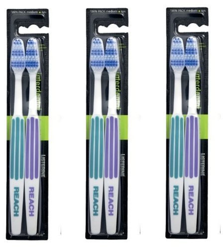 REACH Essential Care Interdental Medium Toothbrush, Duo Pack x 3, Full Head Hard Bristle Manual Toothbrushes, Variety Colors Multipack, Daily Oral Enamel Dental Care