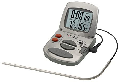 Taylor Programmable with Timer Instant Read Wired Probe Digital, Meat, Food, Grill BBQ Cooking Kitchen Thermometer, Stainless Steel