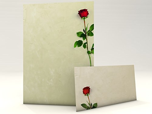 Briefpapier Komplettset mit Motiv Rote Rose 40 teilig inklusive 20 Blatt Briefpapier + 20 Umschläge DIN Lang